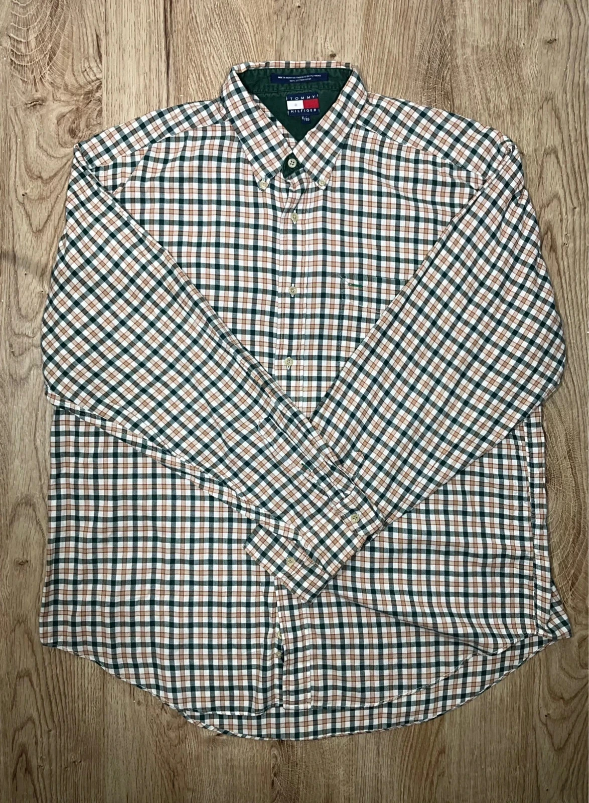 Chemise Tommy Hilfiger XL Vintage 100% Coton Carreaux Vert Beige – photo 2